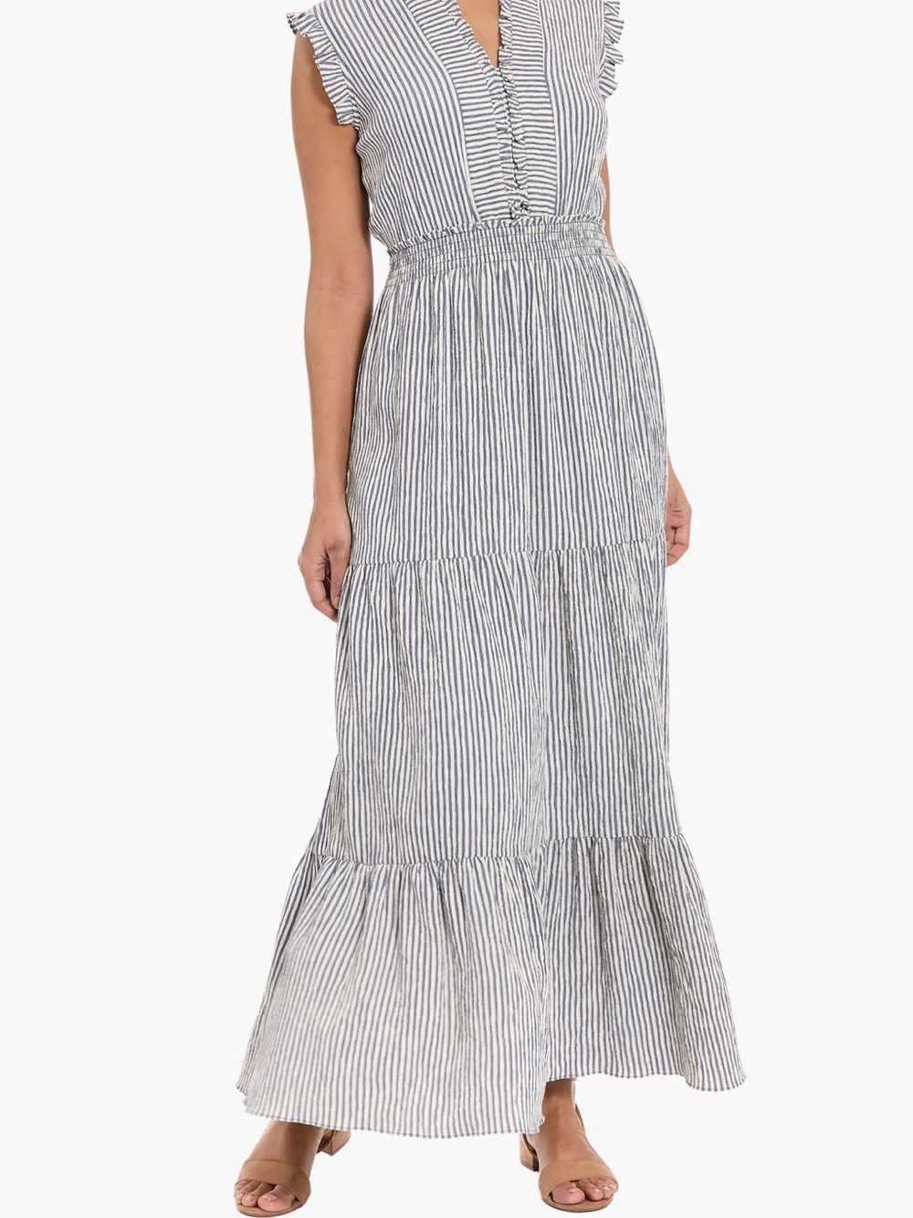 London Times Blue and White Striped Sleeveless Maxi Dress